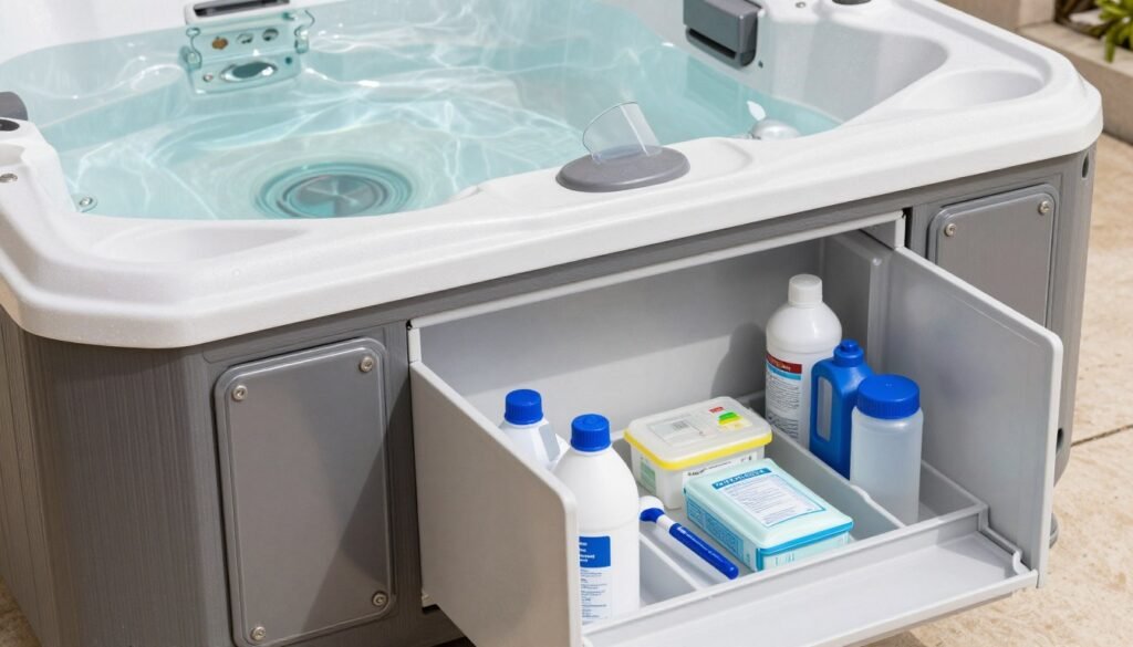 Hot tub with easy access panels and nearby storage for chemicals and testing supplies