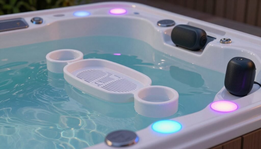 Hot tub with floating drink holders, waterproof speakers, and LED drink coasters