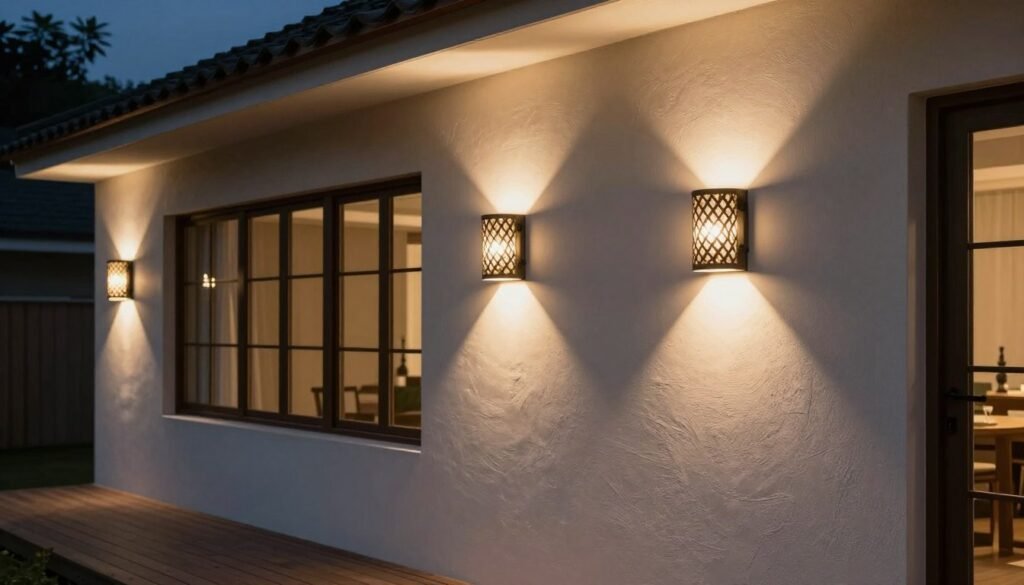 House exterior with decorative wall sconces illuminating the facade