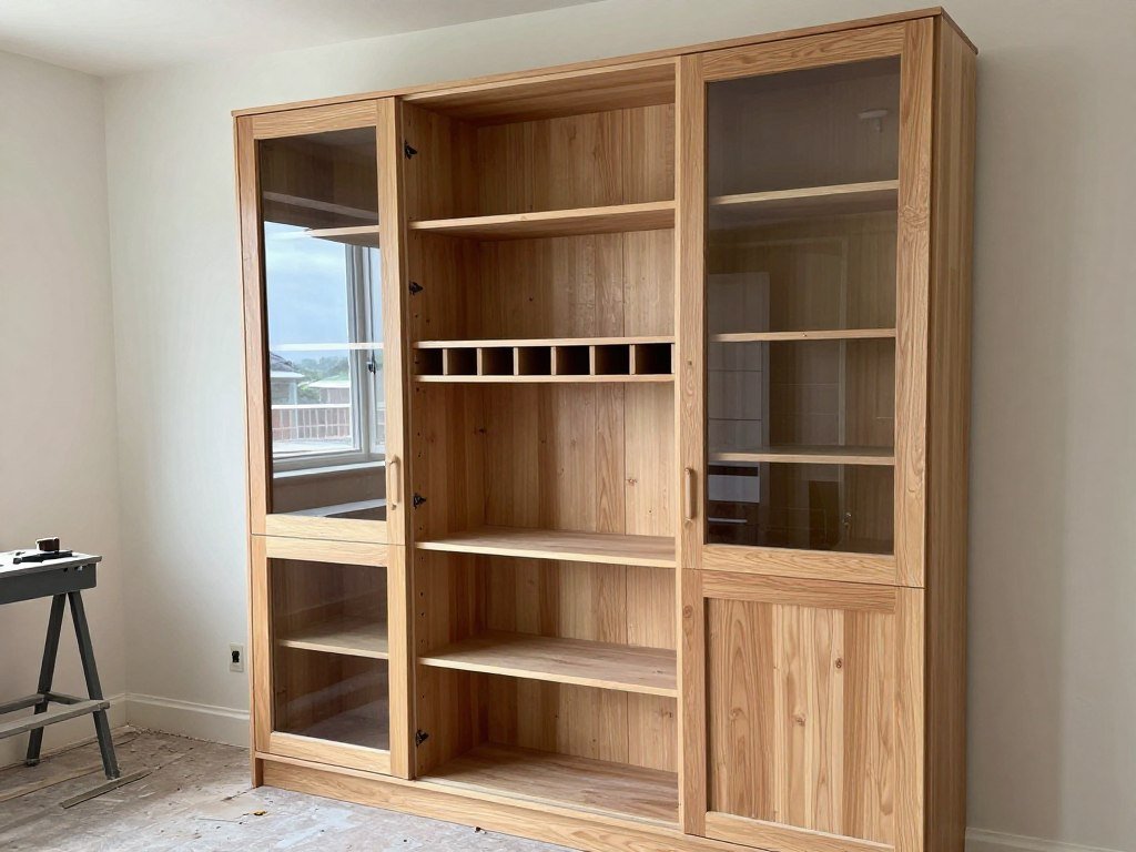 Hutch being modified with removed doors and added open shelving to create a more modern look Hutch being modified with removed doors and added open shelving to create a more modern look