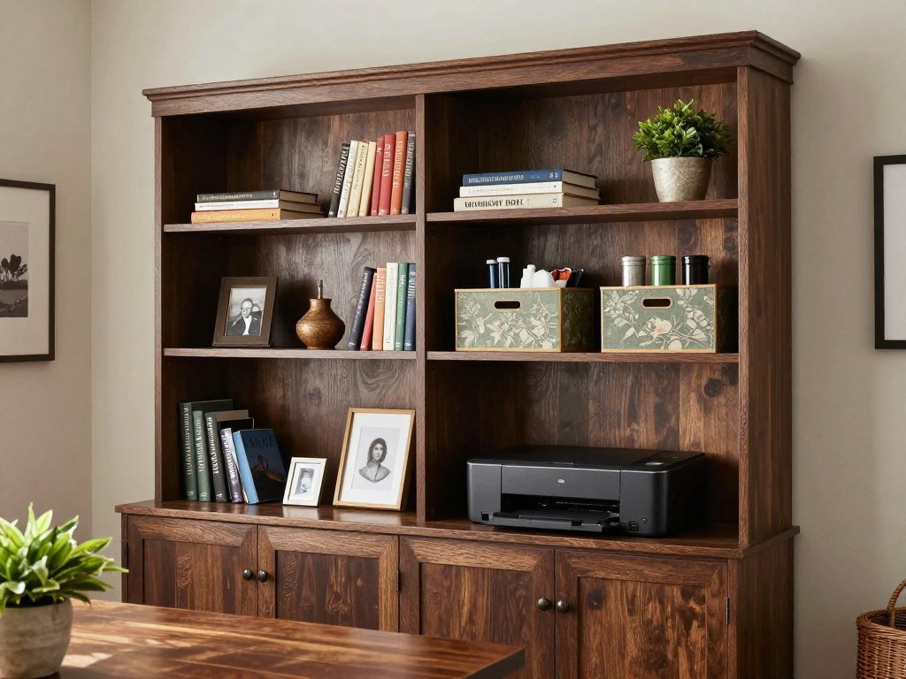 Hutch repurposed in a home office setting with books, supplies, and decorative elements Hutch repurposed in a home office setting with books, supplies, and decorative elements