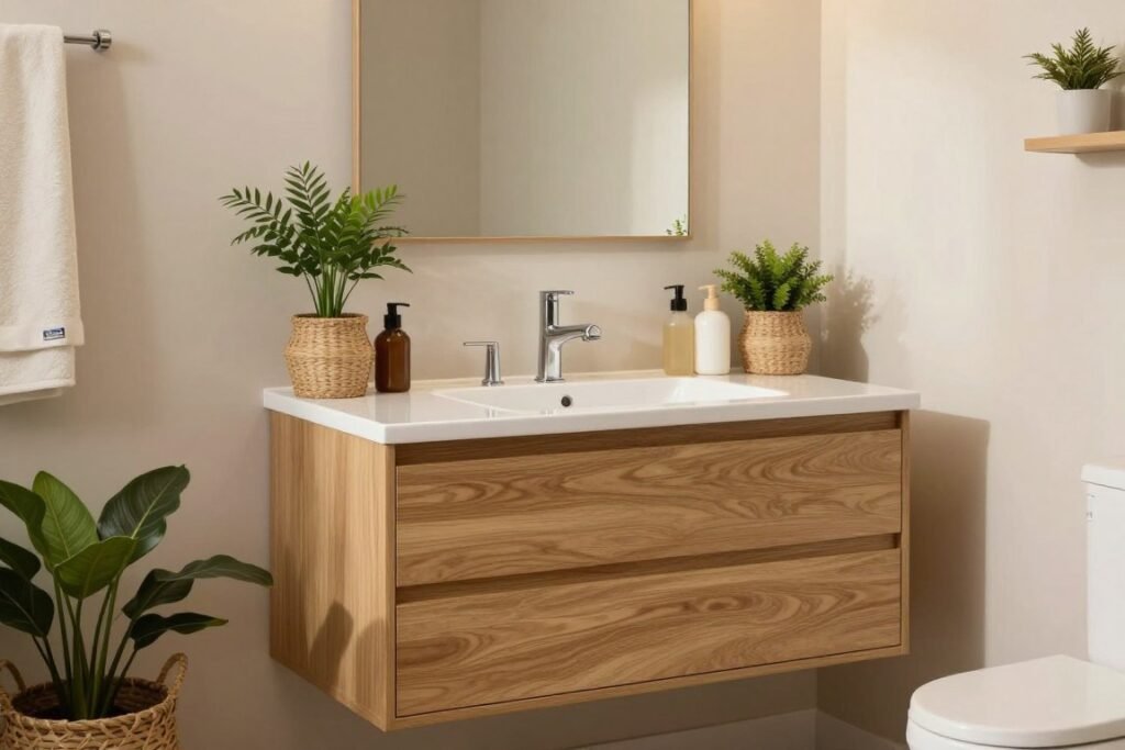 IKEA ÄNGSJÖN oak effect vanity in a warm-toned bathroom setting