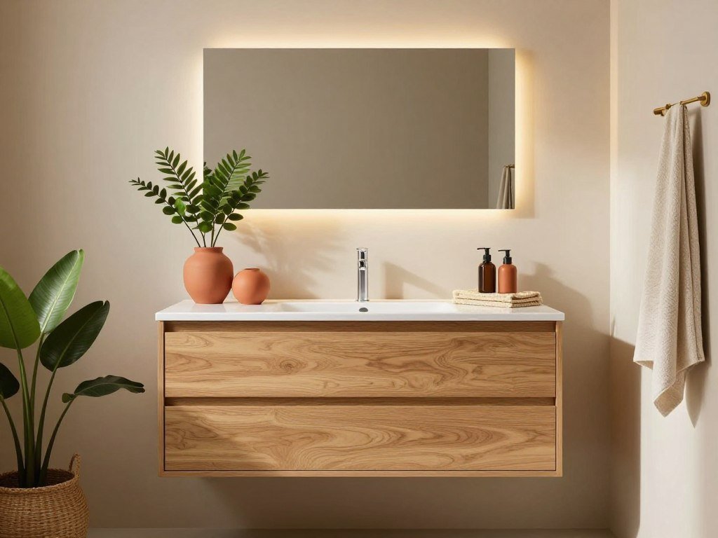 IKEA ÄNGSJÖN oak effect vanity styled with plants and natural elements