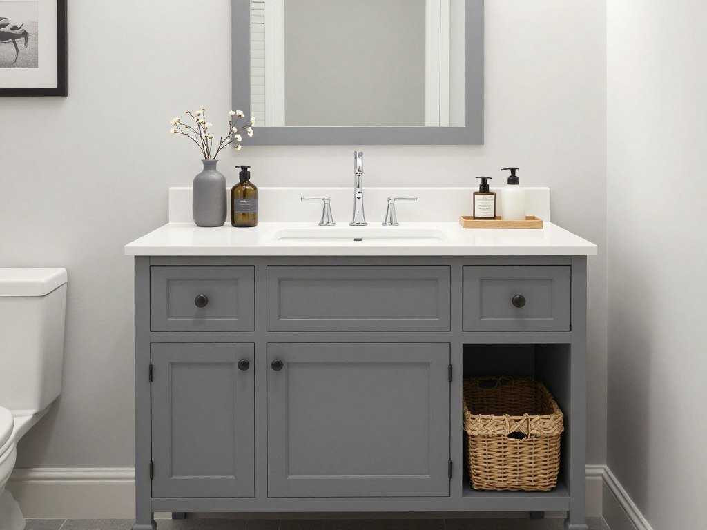 IKEA HEMNES vanity in gray with traditional styling and decorative accessories