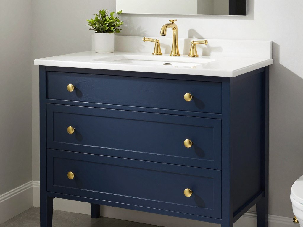 IKEA vanity painted navy blue with brass hardware in a stylish bathroom