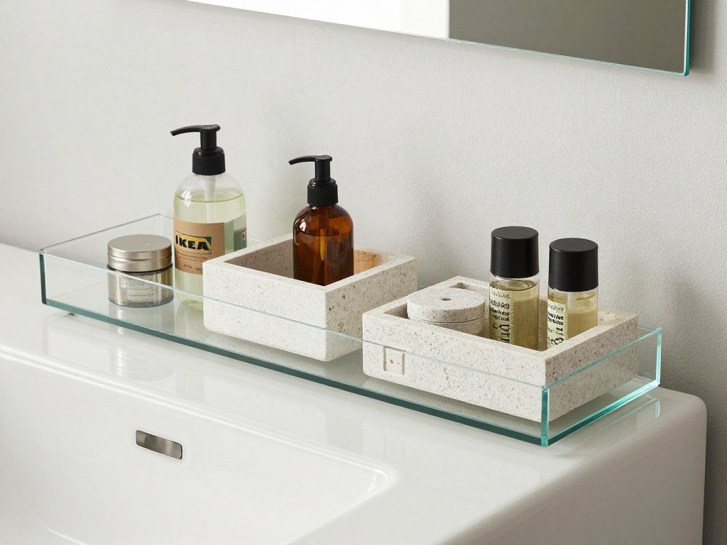 IKEA vanity styled with elegant storage containers and organizers