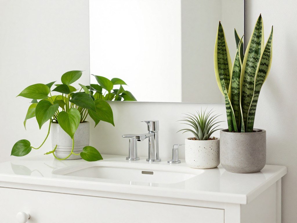 IKEA vanity styled with small bathroom-friendly plants and greenery