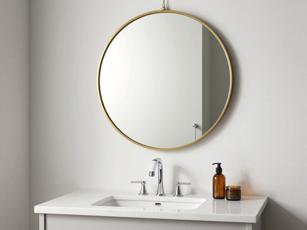 IKEA vanity with a statement round mirror with brass frame