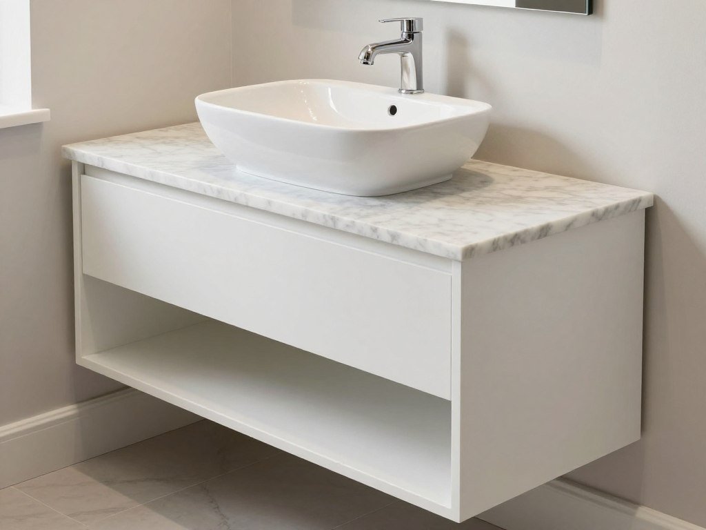 IKEA vanity with custom marble countertop and vessel sink
