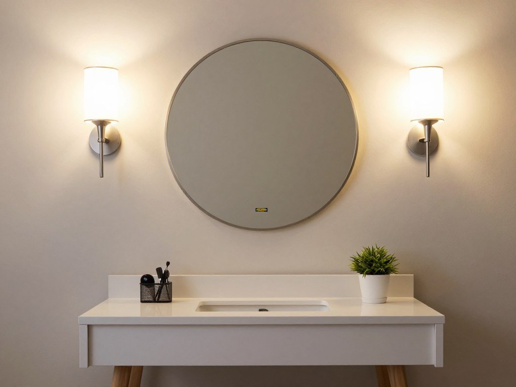 IKEA vanity with stylish wall sconces flanking a round mirror