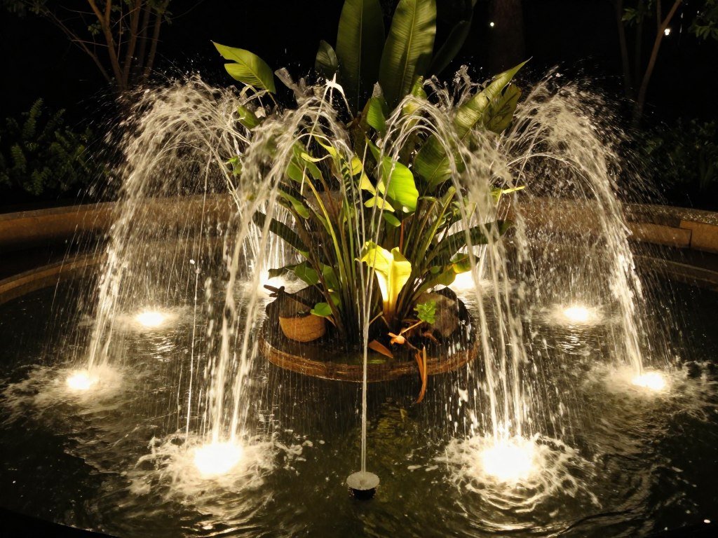 Illuminated water feature with underwater lights creating a magical glow