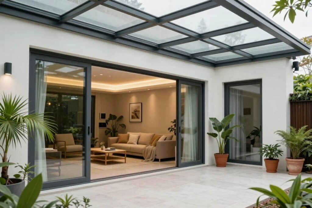 Indoor-outdoor living space with glass roof extension and sliding doors