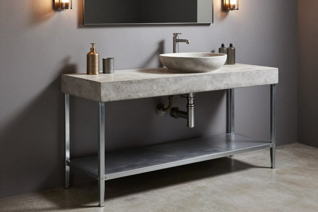 Industrial bathroom vanity with metal frame, concrete countertop, and pipe-style fixtures