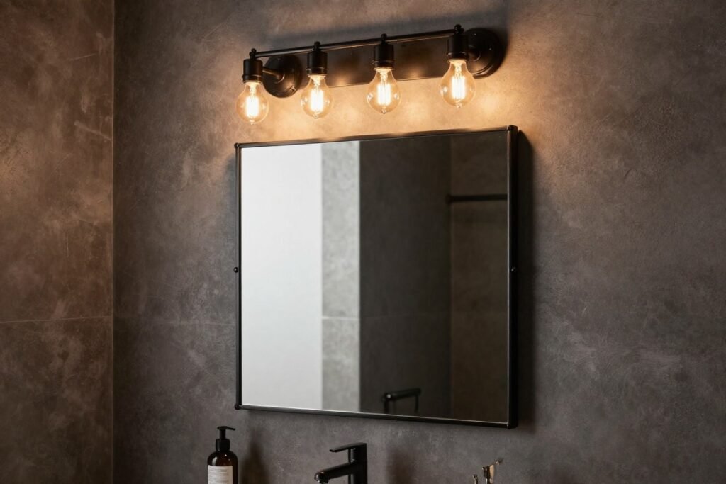 Industrial bathroom with black metal vanity light featuring exposed bulbs