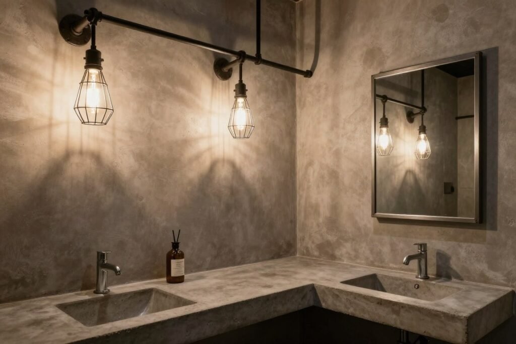 Industrial bathroom with exposed bulb vanity lights and metal fixtures