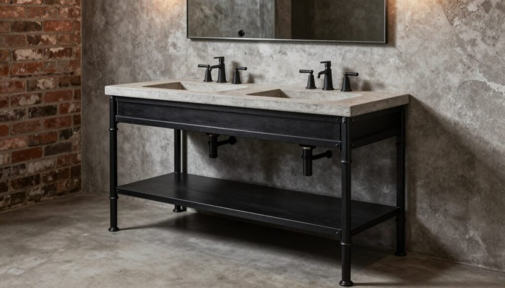 Industrial black bathroom vanity with metal accents and concrete countertop Industrial black bathroom vanity with metal accents and concrete countertop
