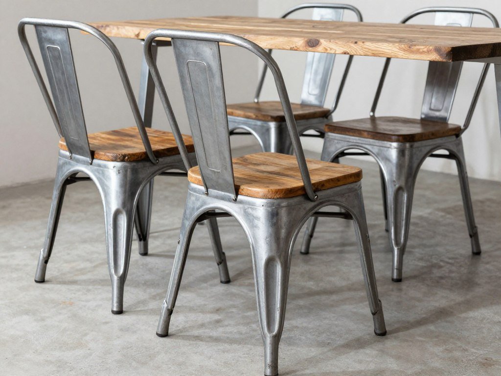 Industrial dining chairs with metal frames and raw materials
