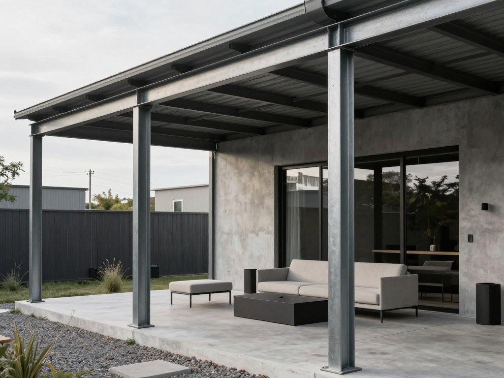 Industrial modern covered patio with metal and concrete elements