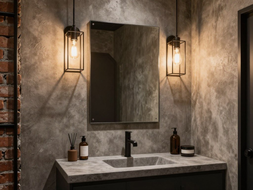 Industrial style bathroom with exposed bulb vanity lighting