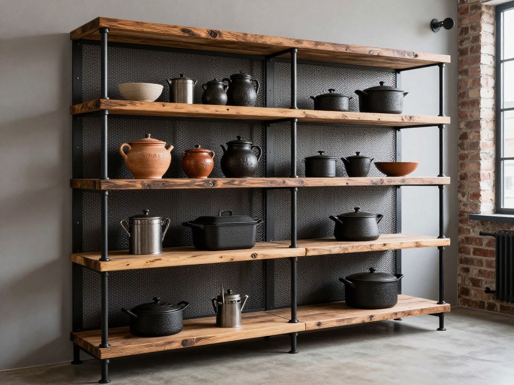 Industrial style dining room hutch with reclaimed wood and metal framework displaying rustic dinnerware Industrial style dining room hutch with reclaimed wood and metal framework displaying rustic dinnerware