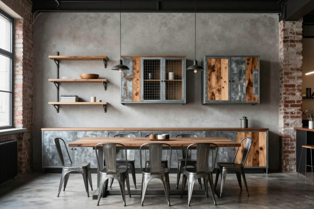 Industrial-style dining room with a metal and reclaimed wood storage wall featuring pipe shelving and vintage elements