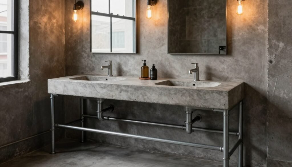 Industrial style double sink bathroom vanity with metal accents