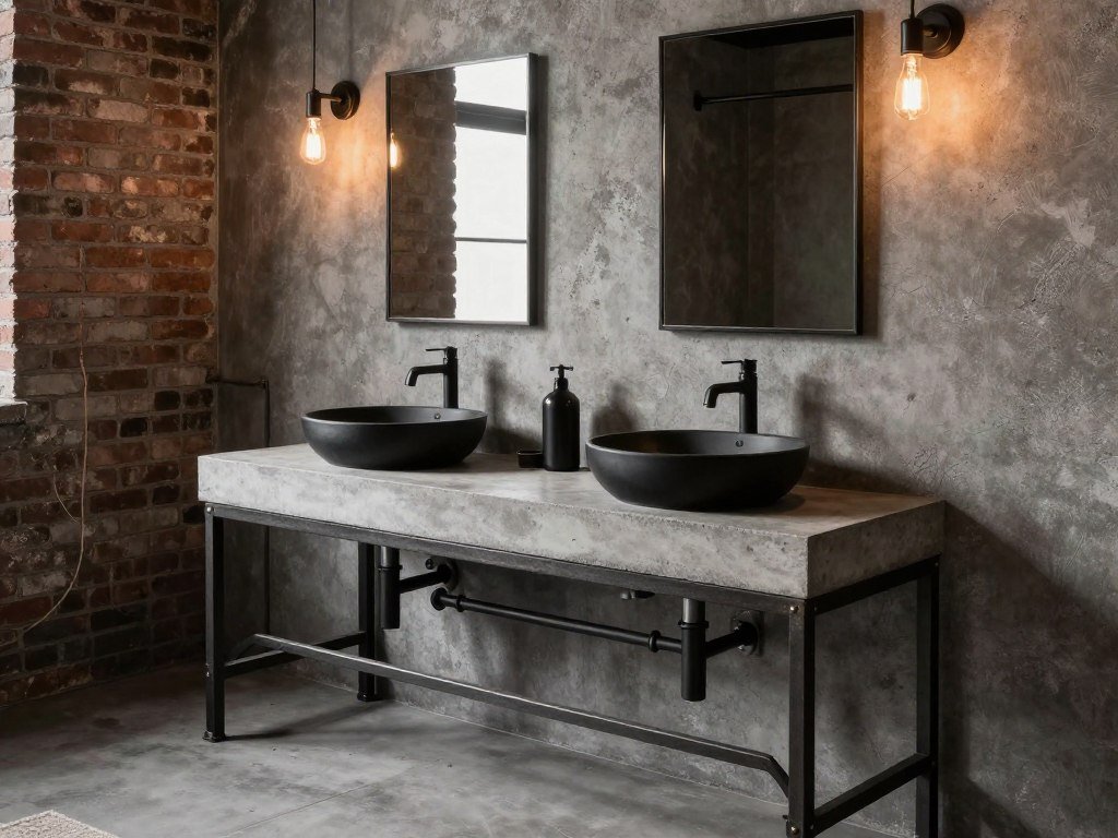 Industrial style double vanity with metal accents and concrete countertop