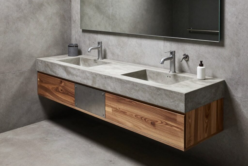 Industrial style floating vanity bathroom with metal accents and concrete