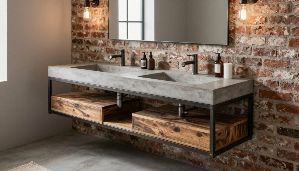 Industrial style floating vanity with metal accents and concrete countertop