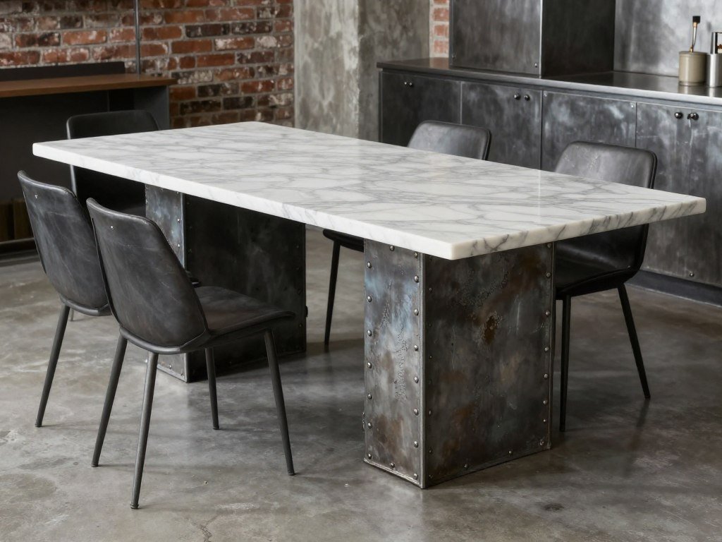 Industrial style marble dining table with raw metal base
