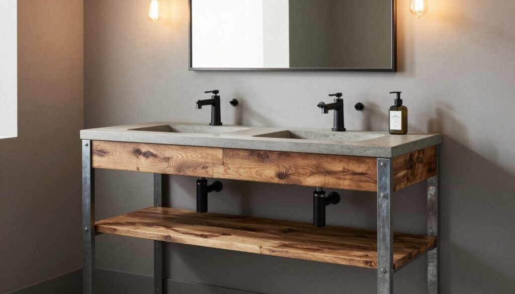 Industrial style vanity with metal accents, pipe fixtures, and reclaimed wood in a modern bathroom