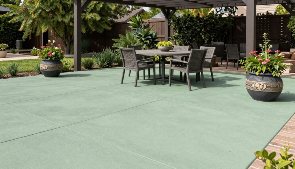 Integrally colored concrete patio in a soft sage green with smooth finish