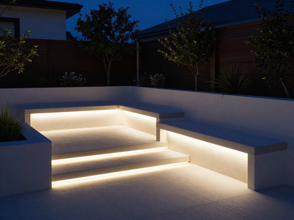 Integrated LED lighting in steps and retaining walls in modern backyard landscaping