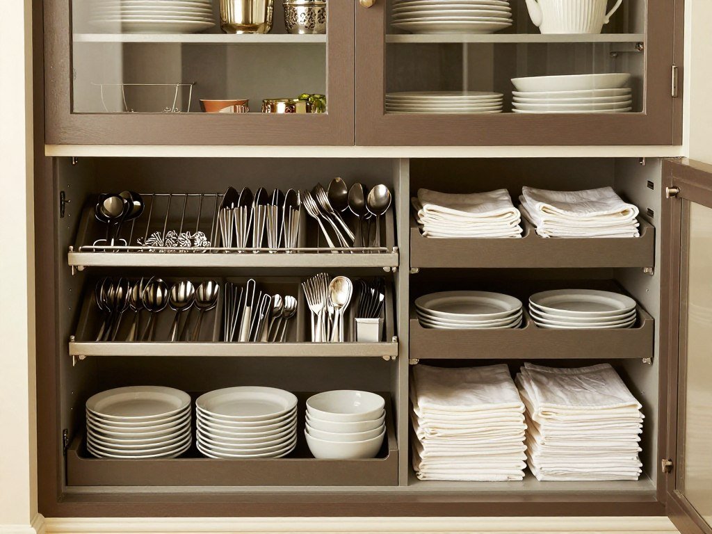 Interior of built in buffet dining room cabinets showing organized storage for dishes, linens, and serving pieces