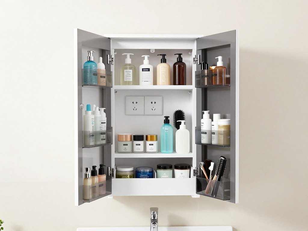 Interior view of a center tower cabinet showing organized bathroom essentials and smart storage solutions