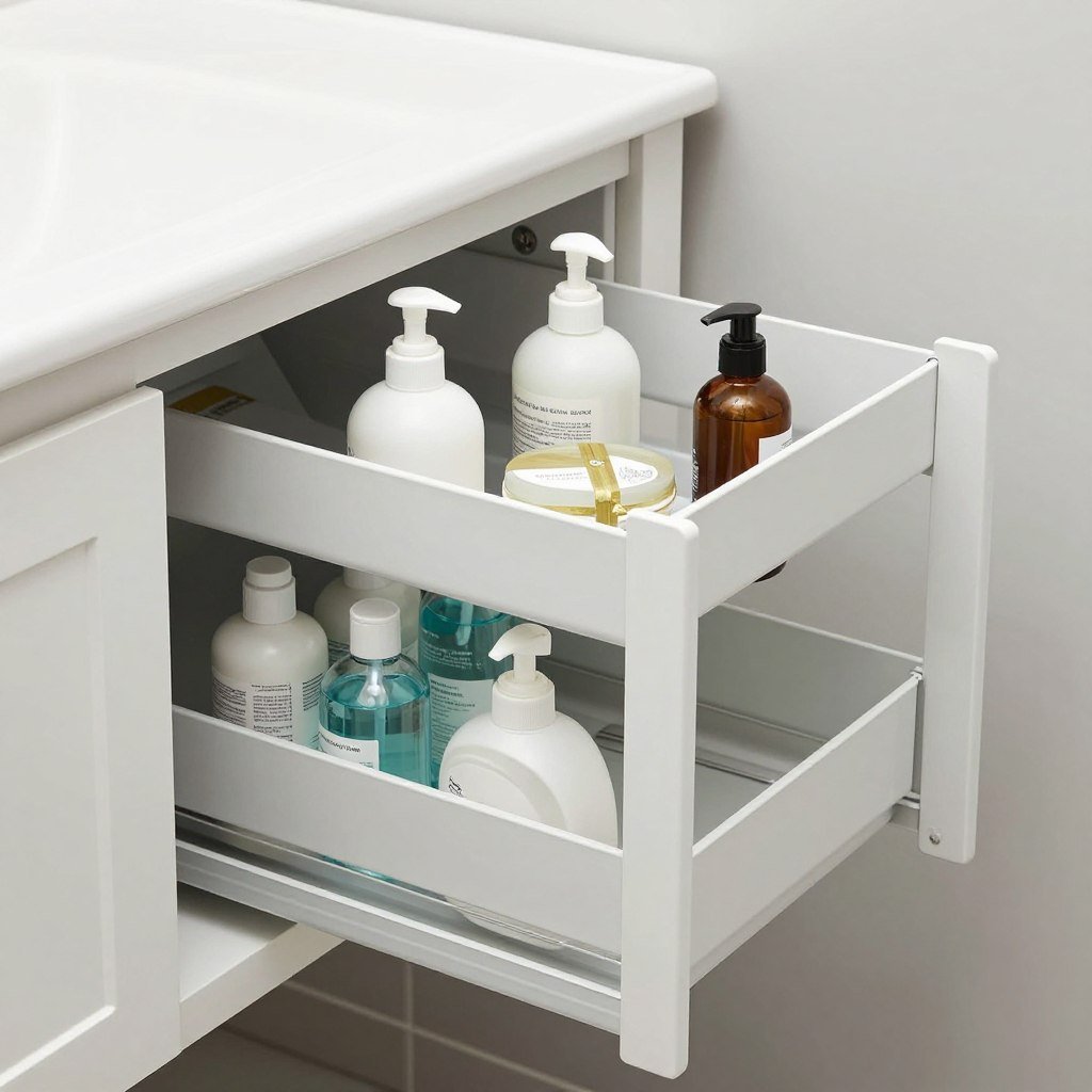 Interior view of a small bathroom vanity with clever storage compartments
