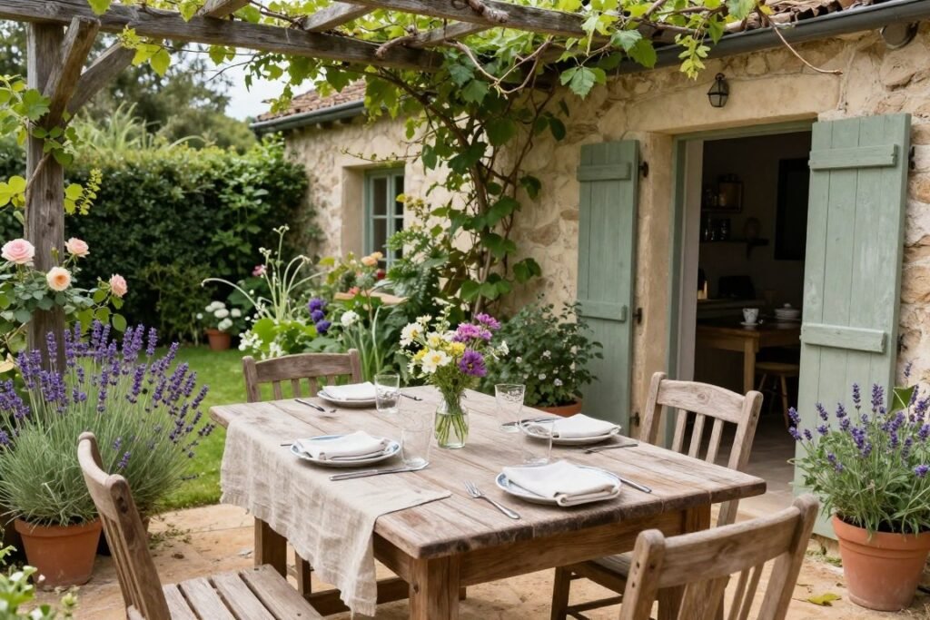 Intimate French country garden dining area with table set for a meal