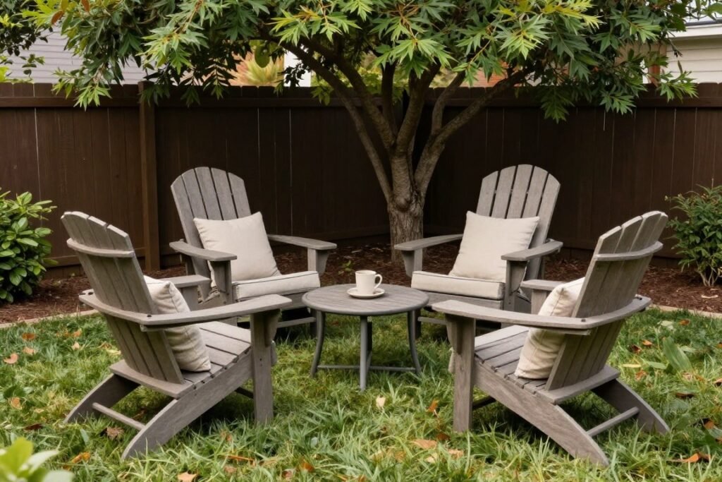 Intimate backyard conversation nook with comfortable chairs arranged around a small table under a tree