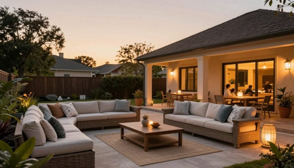 Inviting backyard patio at sunset with comfortable seating, ambient lighting, and personal touches creating a welcoming outdoor retreat