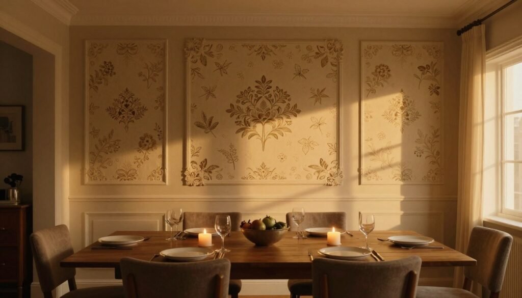 Inviting dining room with a beautifully designed accent wall, set for a gathering with warm lighting and personal touches