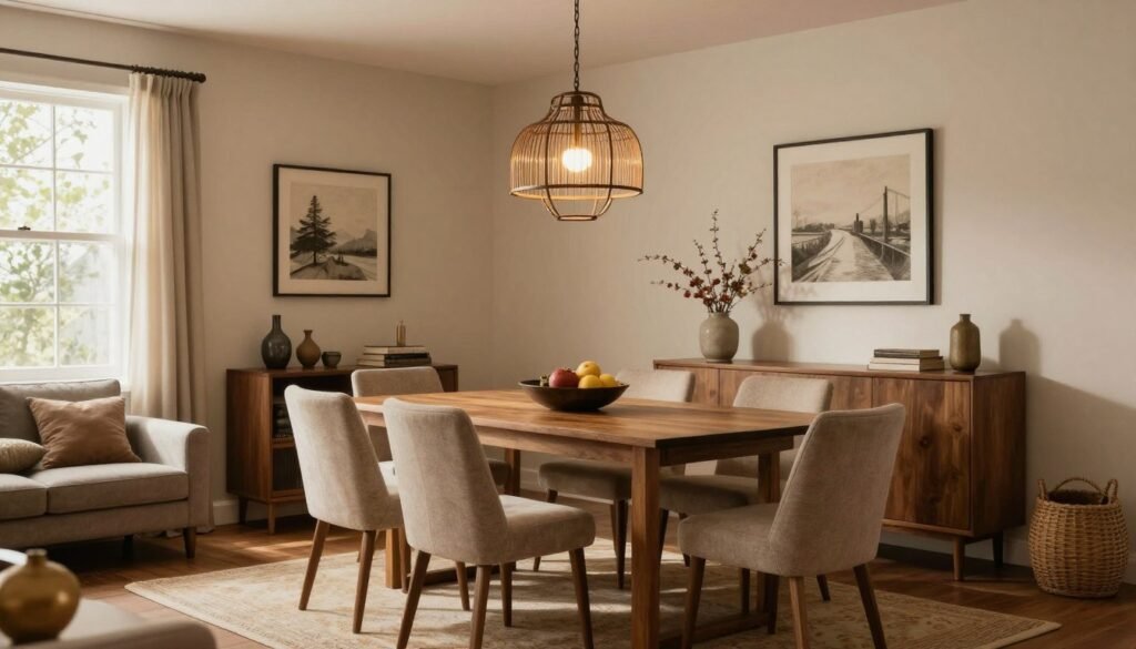 Inviting dining room with personal touches, comfortable seating, and warm lighting