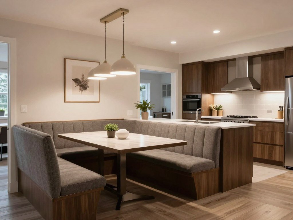 Island-adjacent dining banquette bench creating a transitional dining space