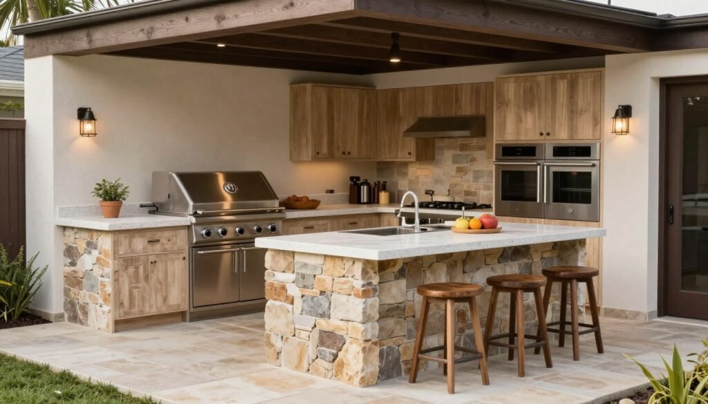 Island-style backyard kitchen with seating around all sides