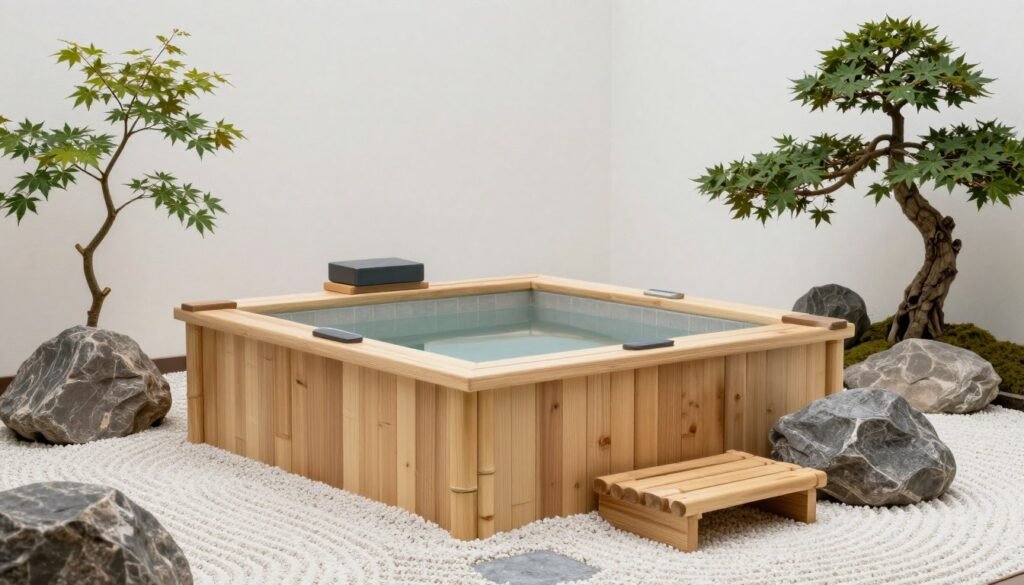 Japanese-inspired onsen style hot tub with minimalist design, bamboo elements, and zen garden features