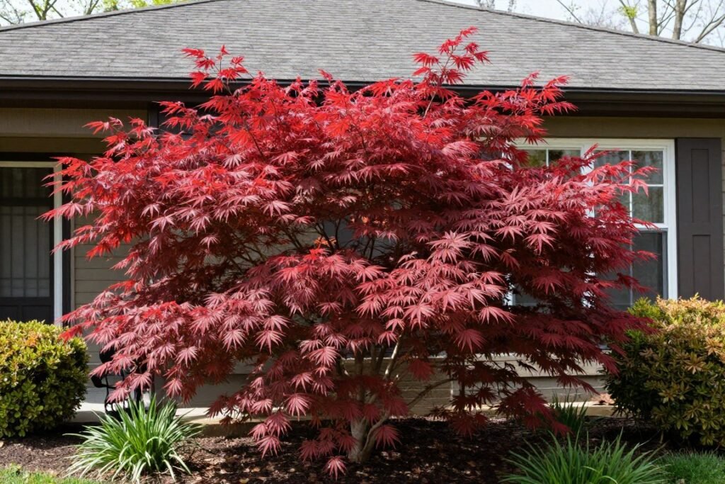 Japanese maple as a focal point in front yard landscape Japanese maple as a focal point in front yard landscape