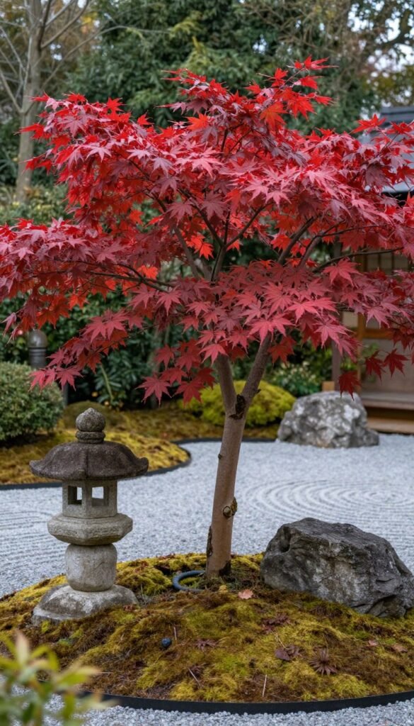 Japanese maple tree as focal point in zen backyard garden with stone lantern