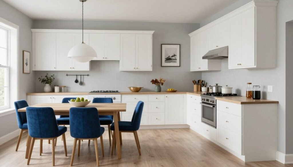Kitchen and dining area with neutral base colors and vibrant blue accents