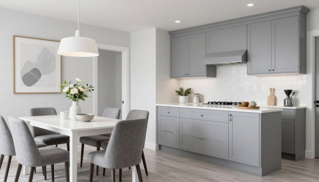 Kitchen and dining room with cohesive gray and white color scheme