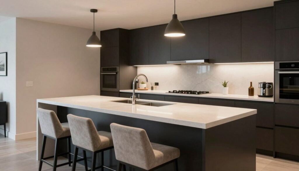 Kitchen with extended island countertop and bar stools for casual dining