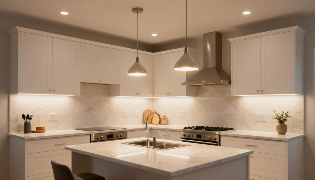 Kitchen with layered lighting including recessed lights, under-cabinet lighting, and pendants